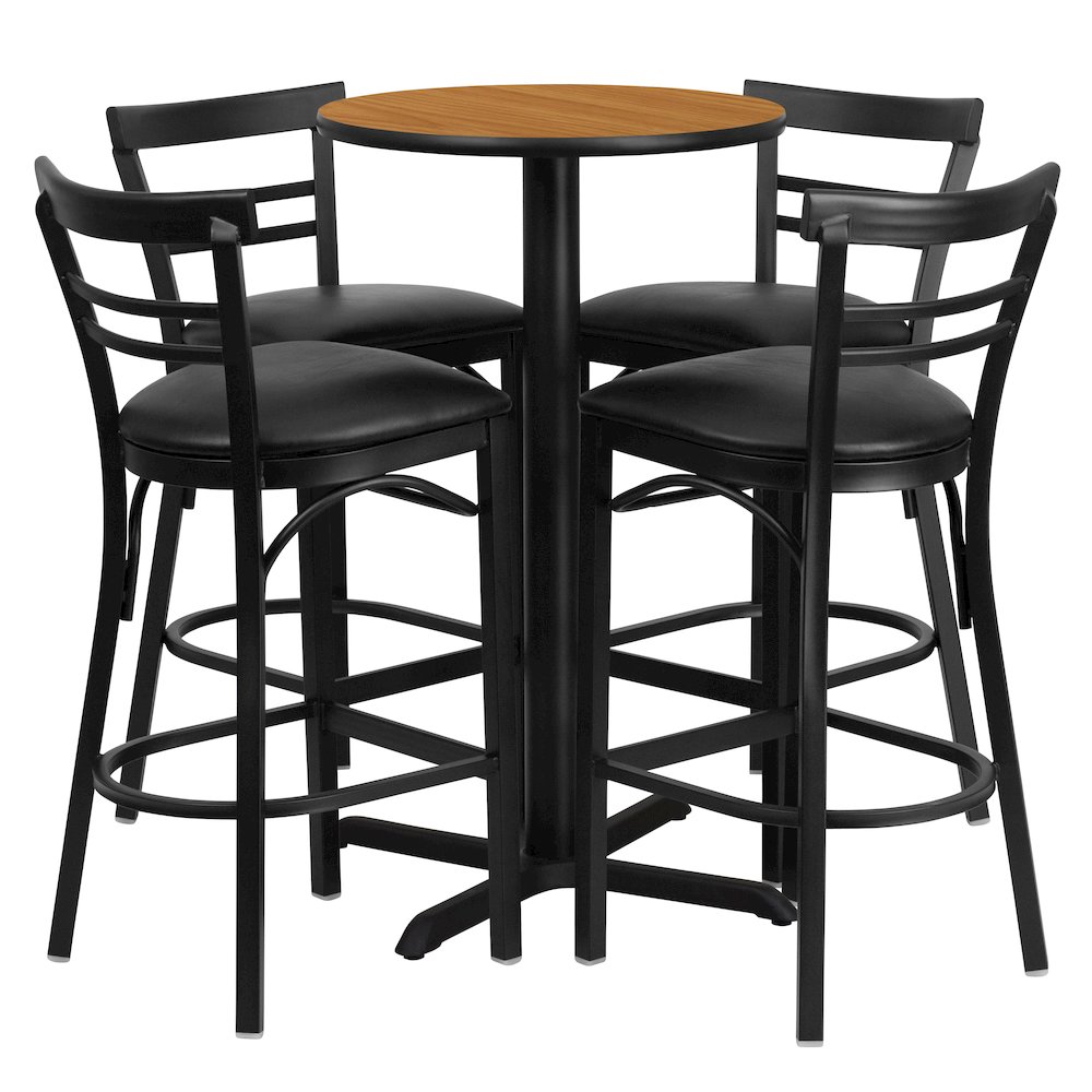 24” Natural Table Set with X-4 Two-Slat Metal Barstools – Black Vinyl Seat