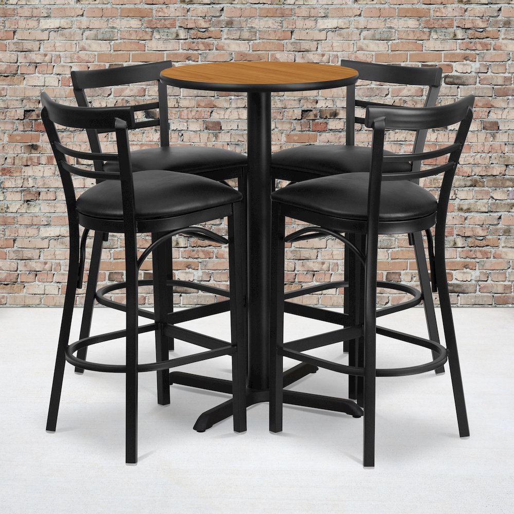 24” Natural Table Set with X-4 Two-Slat Metal Barstools – Black Vinyl Seat