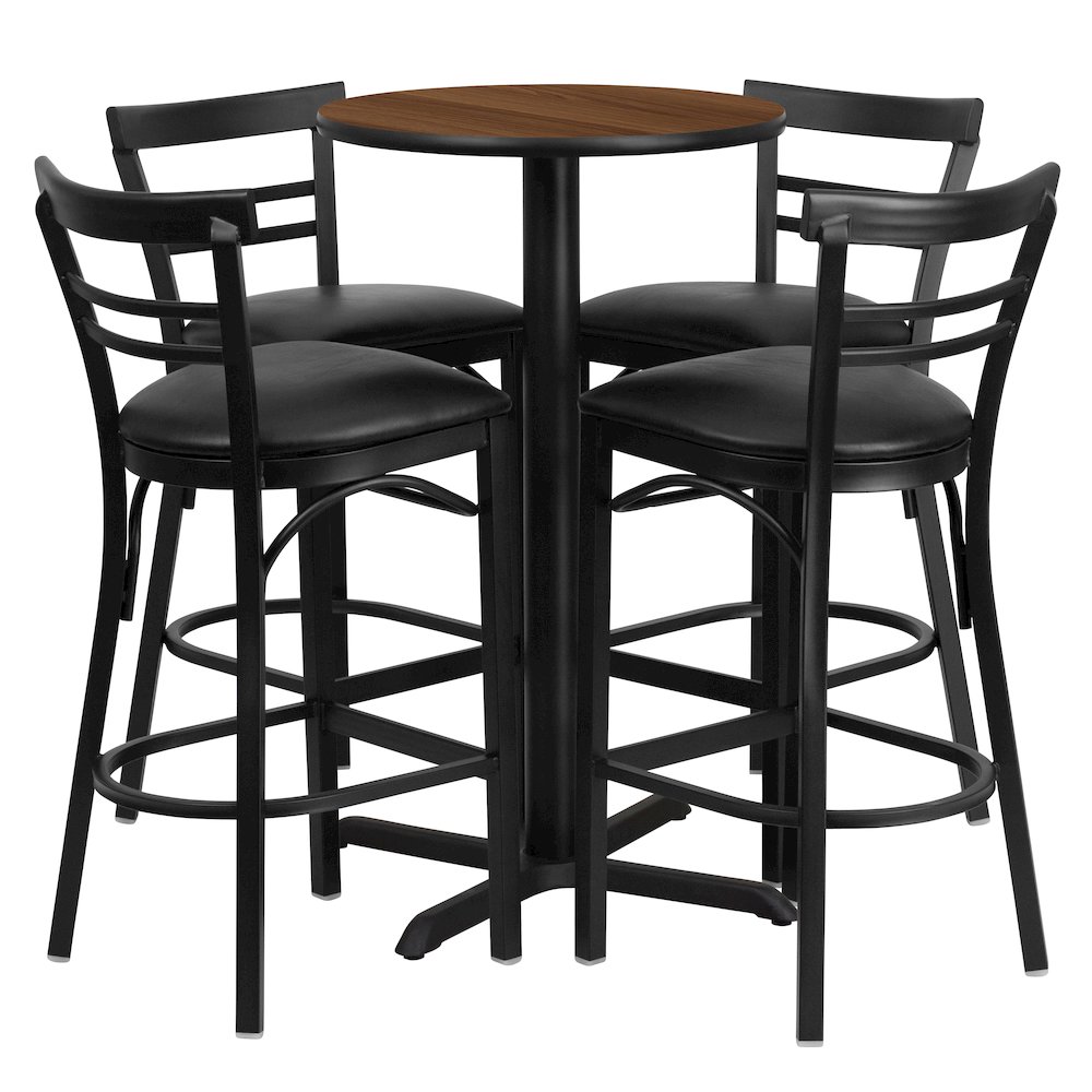 24” Walnut Table Set with X-4 Two-Slat Metal Barstools – Black Vinyl Seat