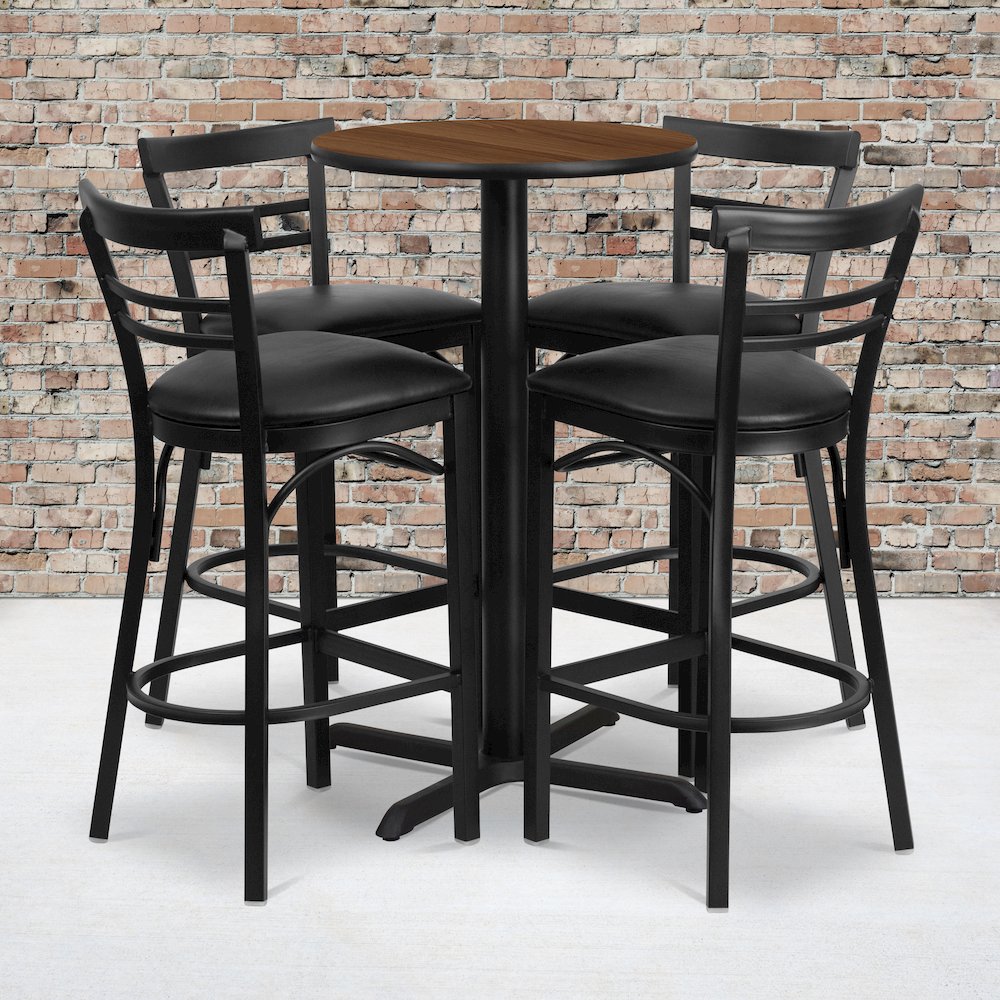 24” Walnut Table Set with X-4 Two-Slat Metal Barstools – Black Vinyl Seat
