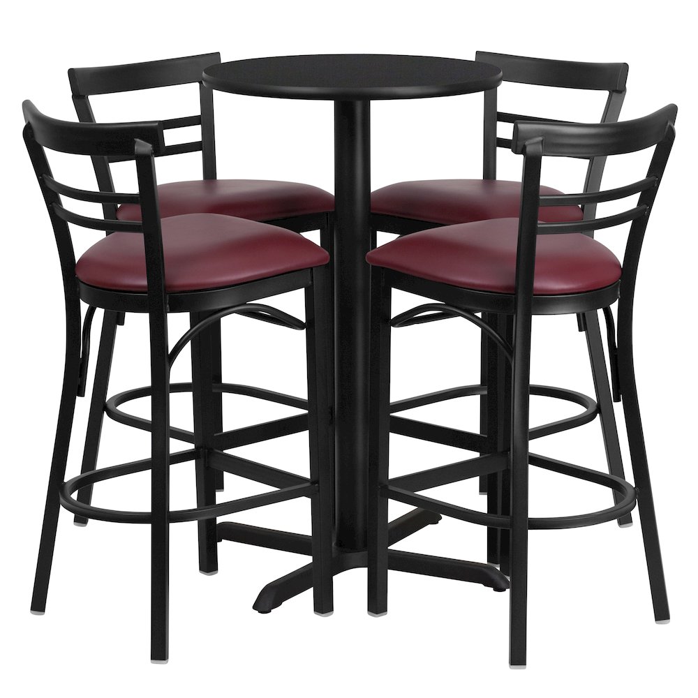 24” Black Table Set with X-4 Two-Slat Metal Barstools – Burgundy Vinyl Seat