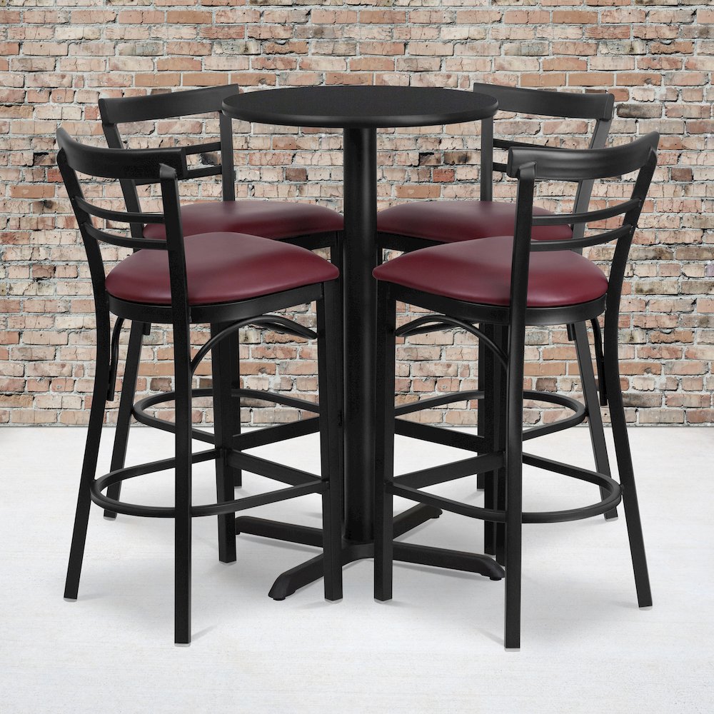 24” Black Table Set with X-4 Two-Slat Metal Barstools – Burgundy Vinyl Seat