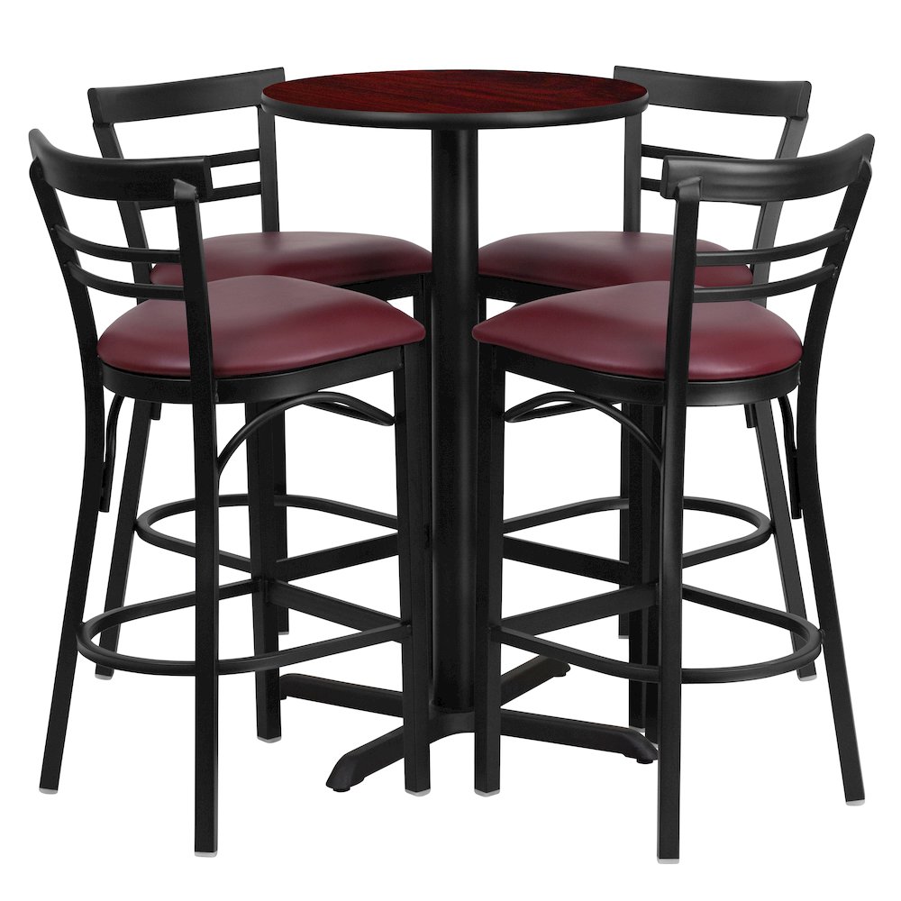 24” Mahogany Table Set with X-4 Two-Slat Metal Barstools – Burgundy Vinyl Seat