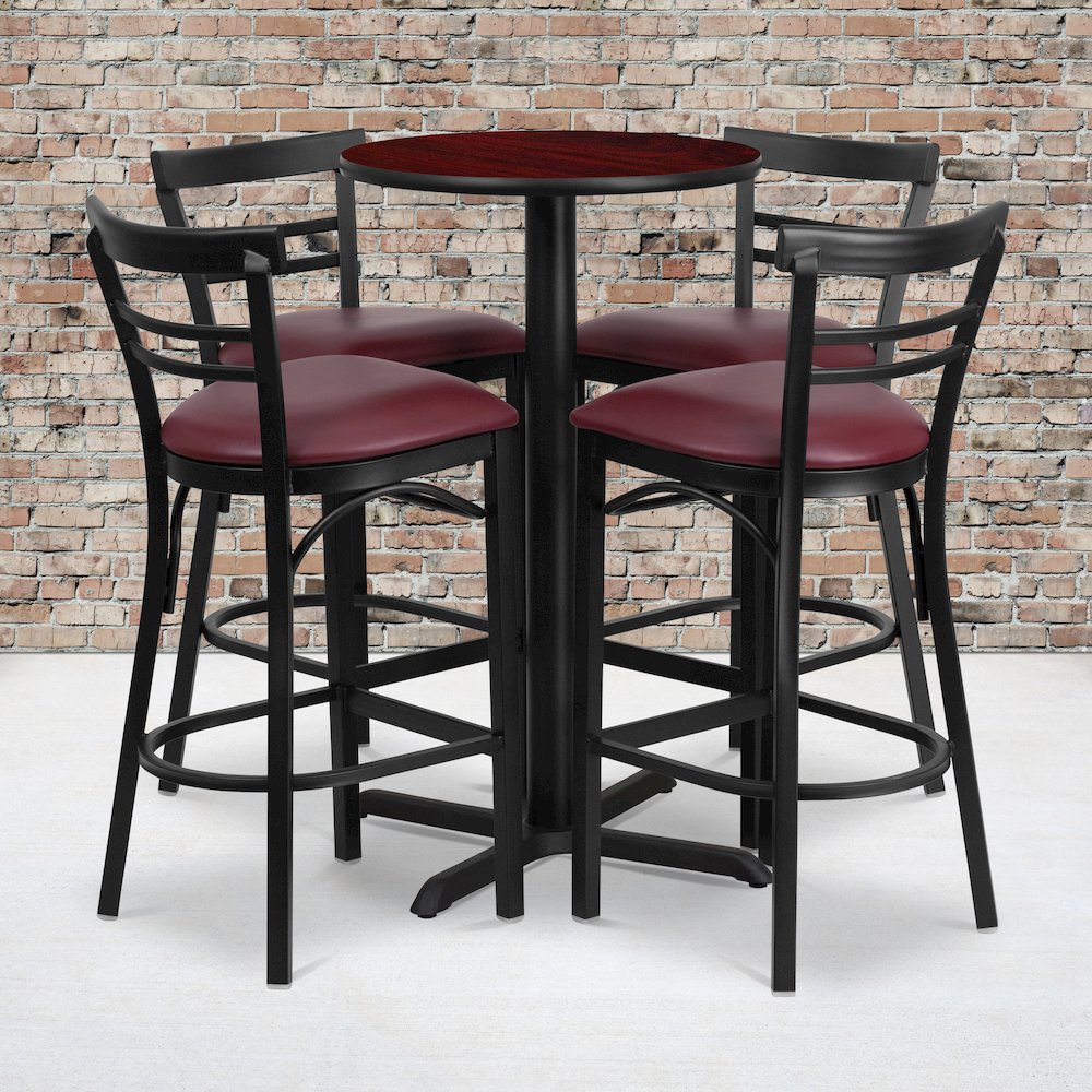 24” Mahogany Table Set with X-4 Two-Slat Metal Barstools – Burgundy Vinyl Seat