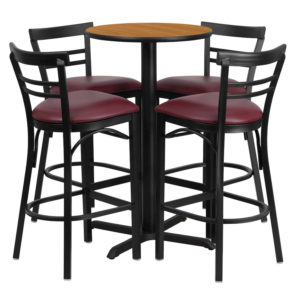 24” Natural Table Set with X-4 Two-Slat Metal Barstools – Burgundy Vinyl Seat