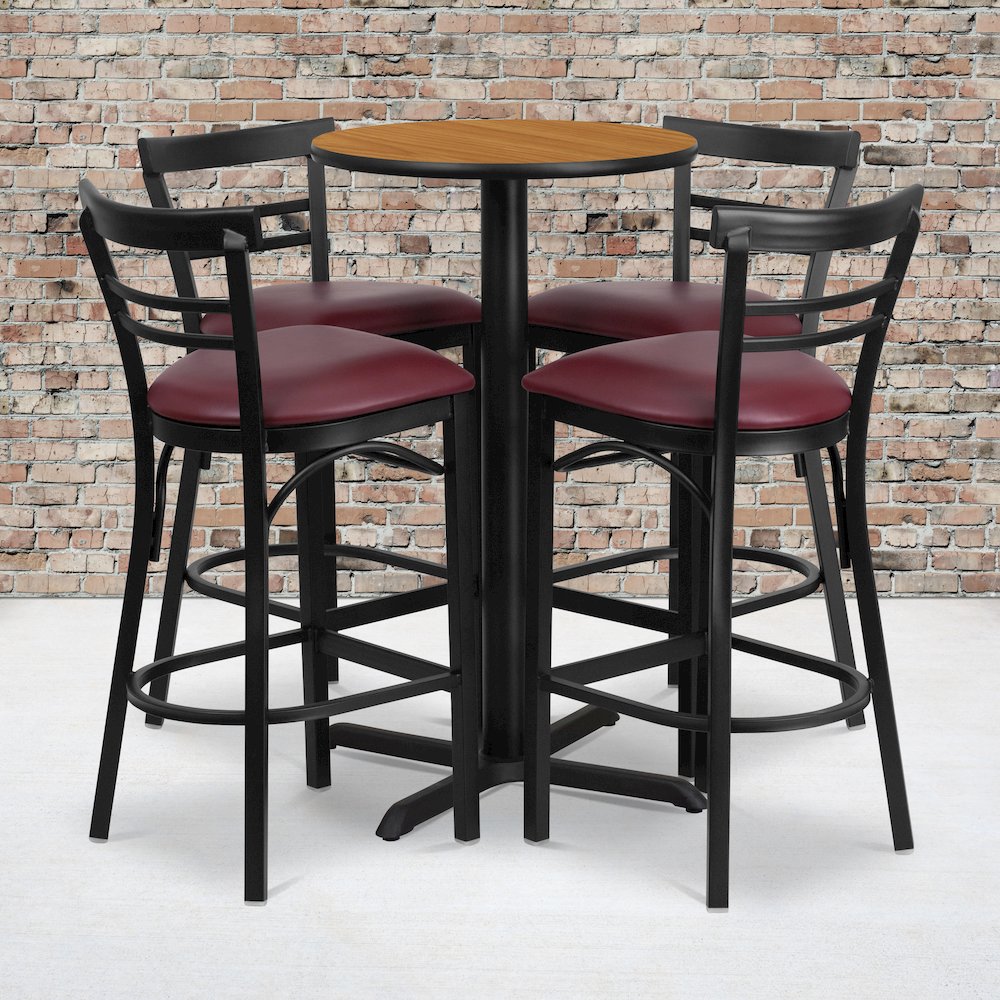 24” Natural Table Set with X-4 Two-Slat Metal Barstools – Burgundy Vinyl Seat