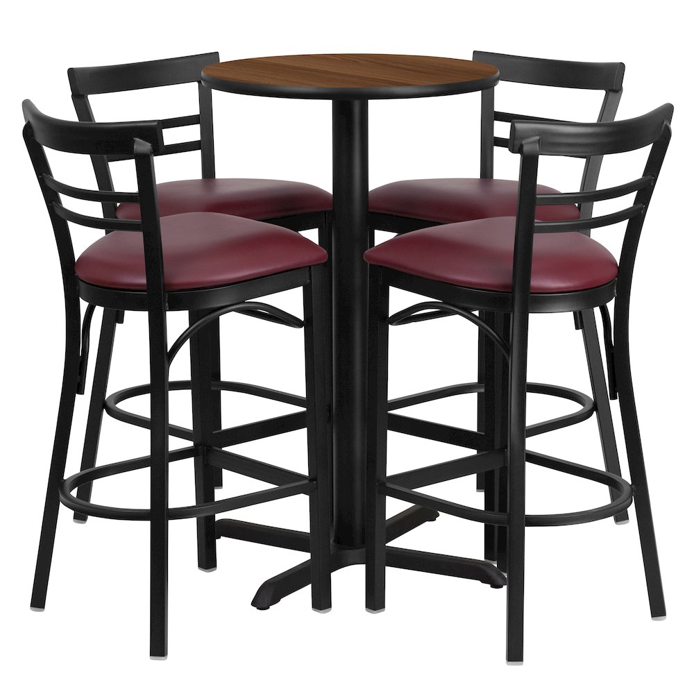 24” Walnut Table Set with X-4 Two-Slat Metal Barstools – Burgundy Vinyl Seat