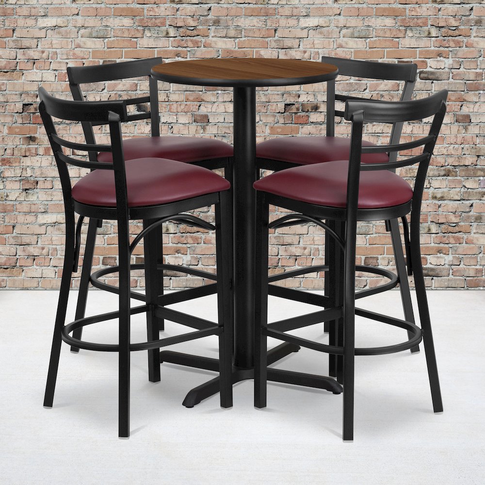 24” Walnut Table Set with X-4 Two-Slat Metal Barstools – Burgundy Vinyl Seat