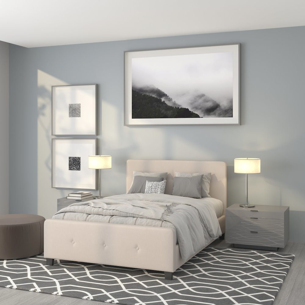 Full Size Tufted Upholstered Platform Bed in Beige Fabric