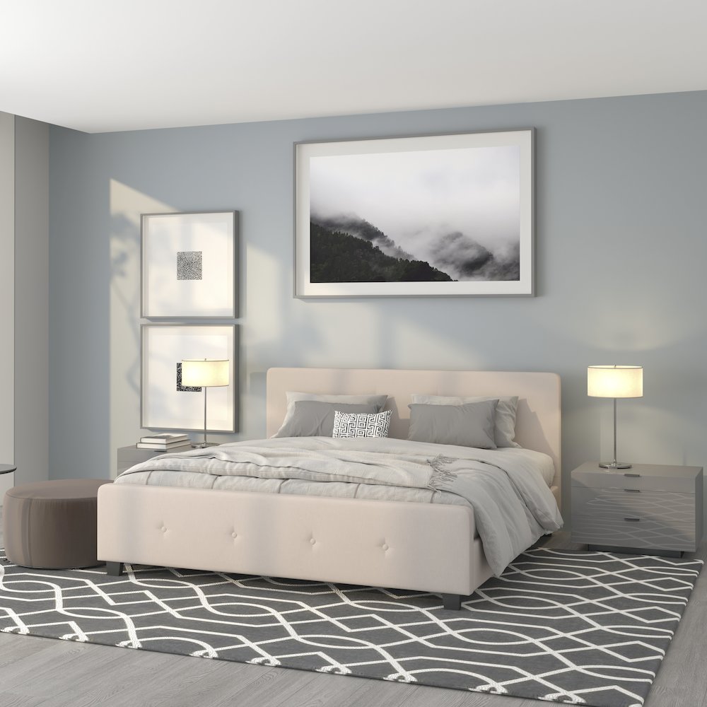 King Size Tufted Upholstered Platform Bed in Beige Fabric