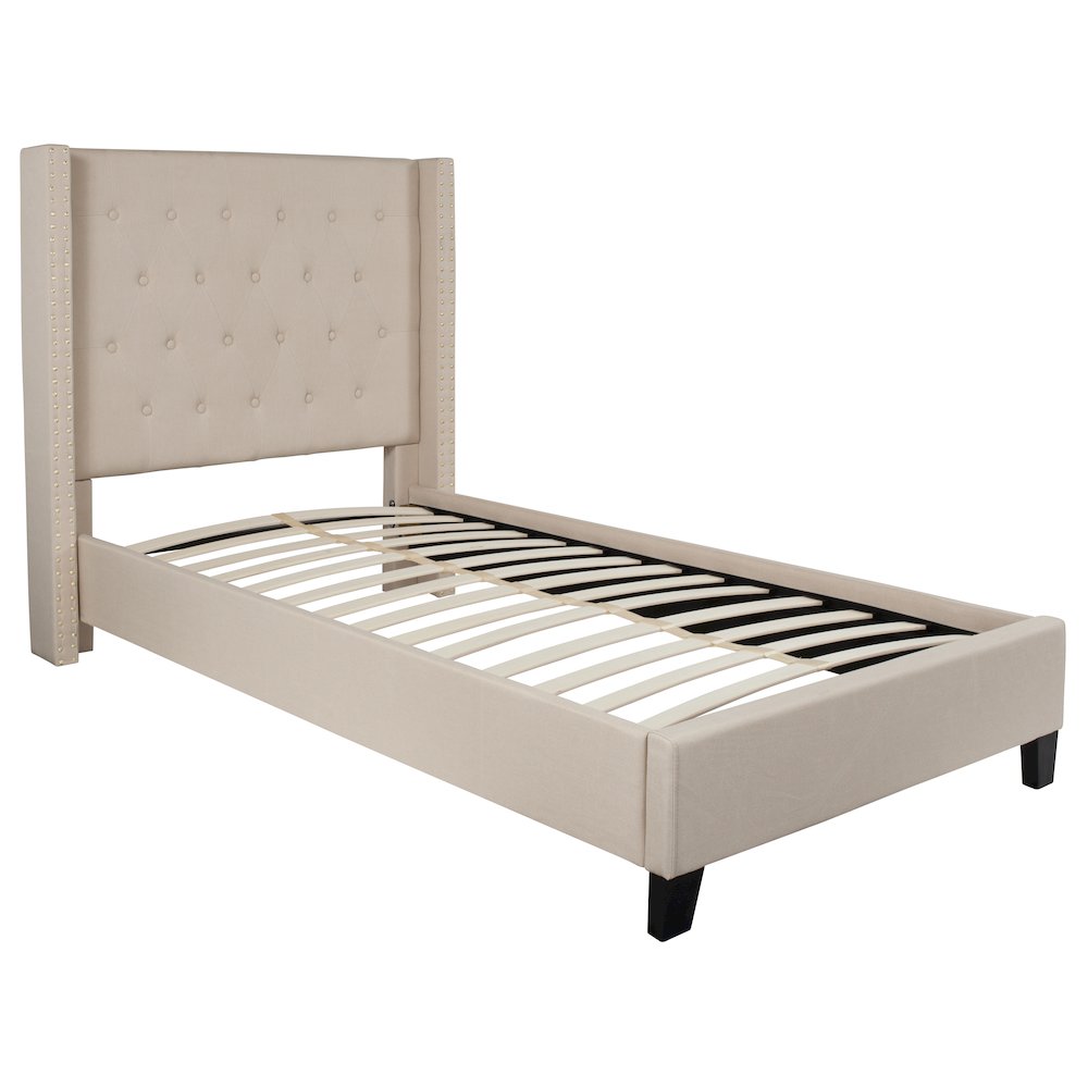 Twin Size Tufted Upholstered Platform Bed in Beige Fabric