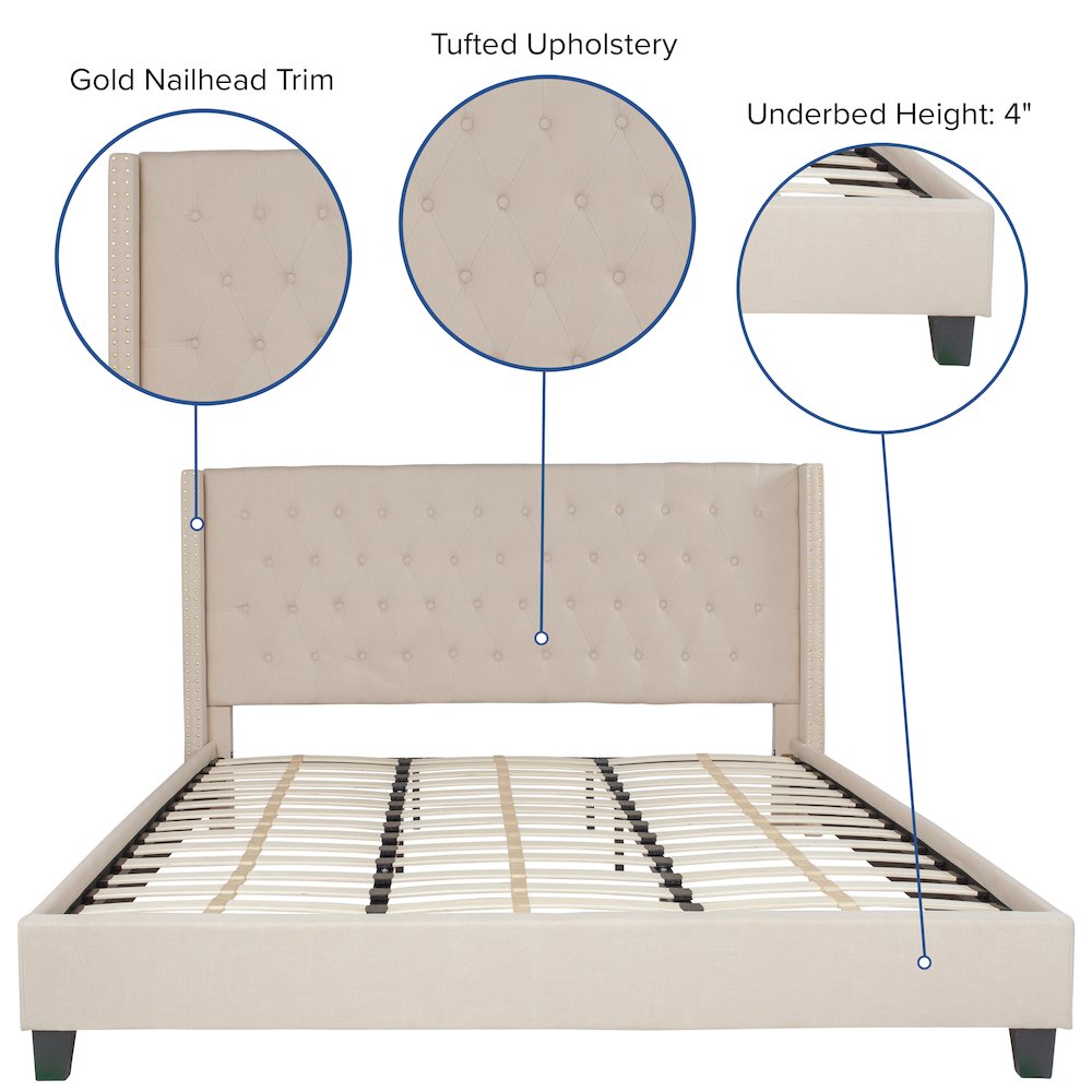 King Size Tufted Upholstered Platform Bed in Beige Fabric