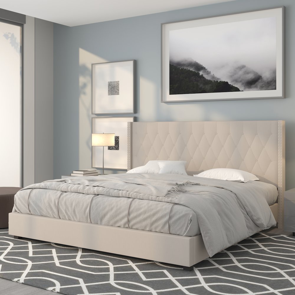 King Size Tufted Upholstered Platform Bed in Beige Fabric