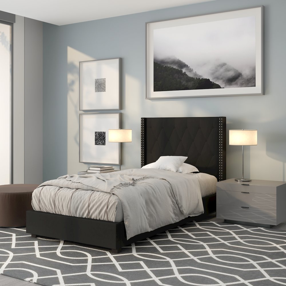 Twin Size Tufted Upholstered Platform Bed in Black Fabric