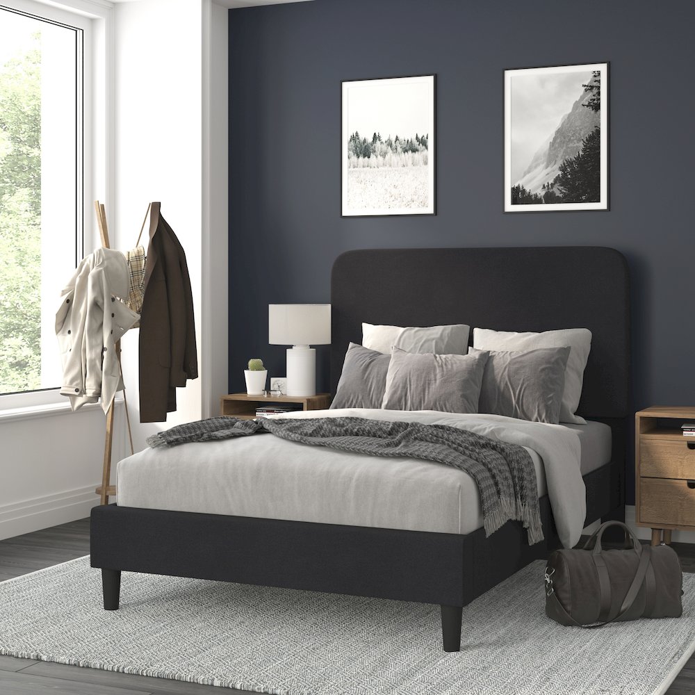 Charcoal Full Fabric Upholstered Platform Bed – Headboard with Rounded Edges