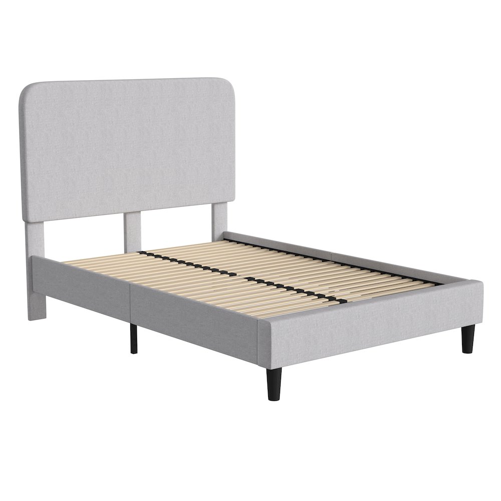 Light Grey Full Fabric Upholstered Platform Bed – Headboard with Rounded Edges