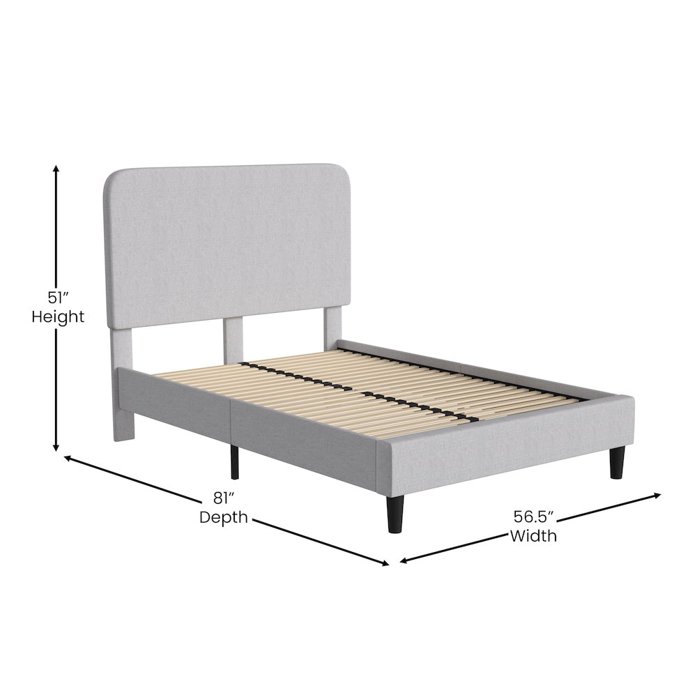 Light Grey Full Fabric Upholstered Platform Bed – Headboard with Rounded Edges