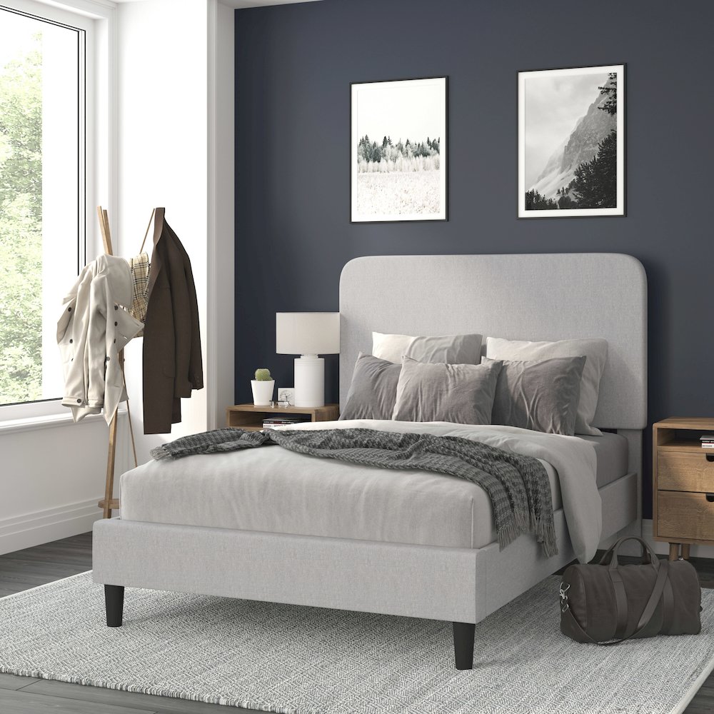 Light Grey Full Fabric Upholstered Platform Bed – Headboard with Rounded Edges
