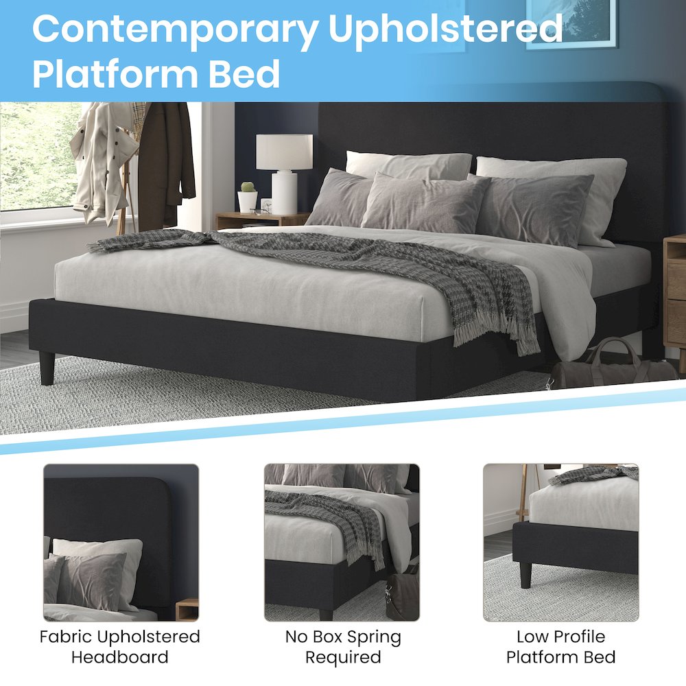 Charcoal King Fabric Upholstered Platform Bed – Headboard with Rounded Edges