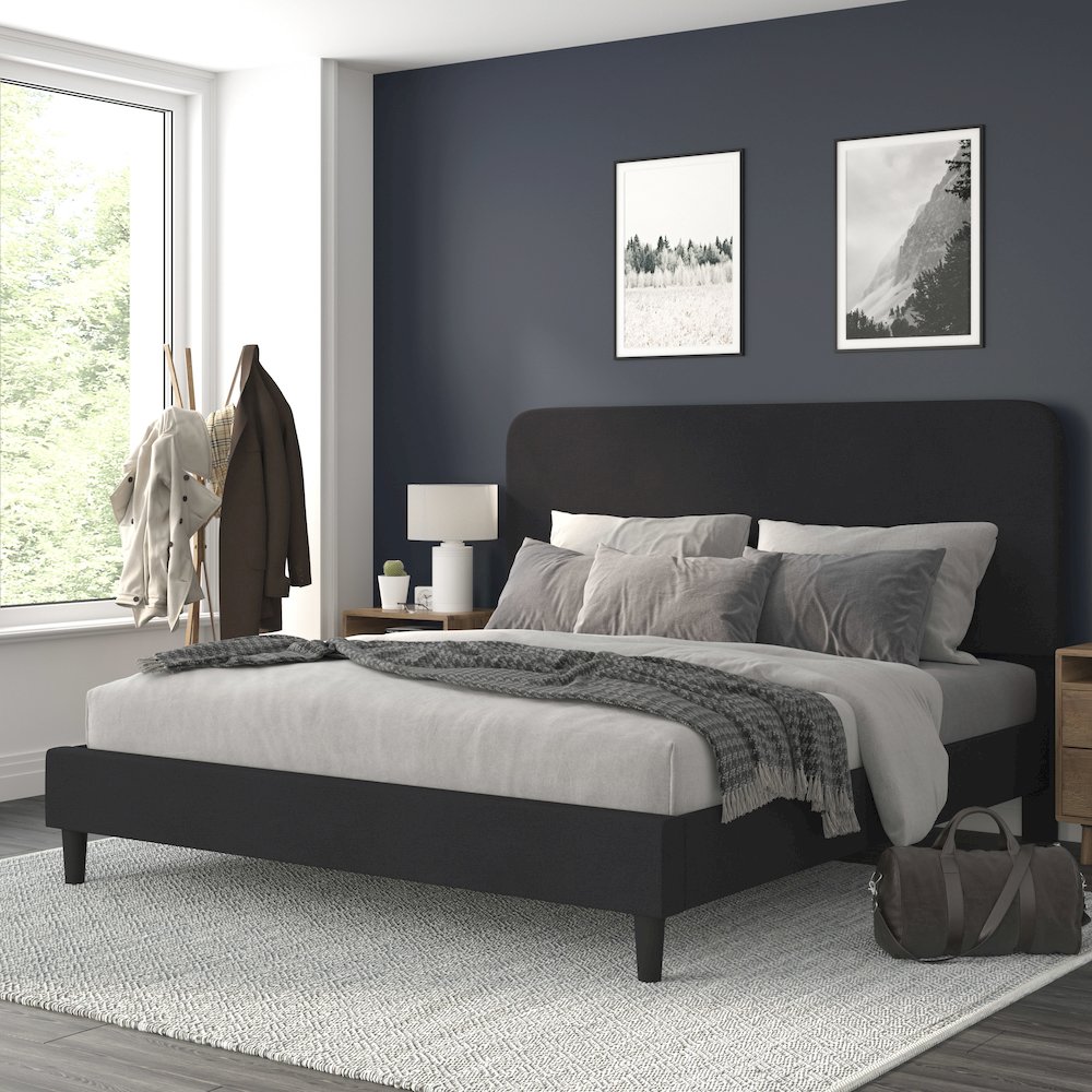 Charcoal King Fabric Upholstered Platform Bed – Headboard with Rounded Edges