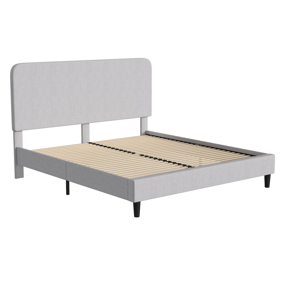 Light Grey King Fabric Upholstered Platform Bed – Headboard with Rounded Edges