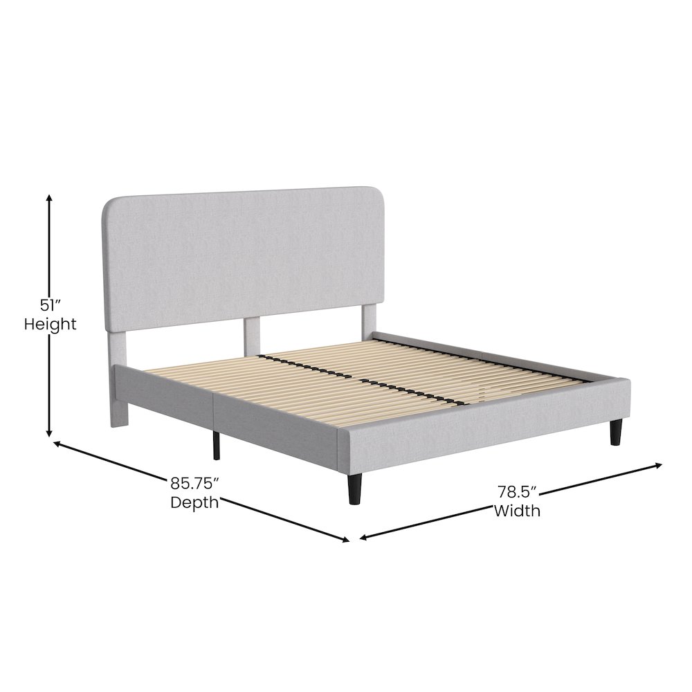 Light Grey King Fabric Upholstered Platform Bed – Headboard with Rounded Edges