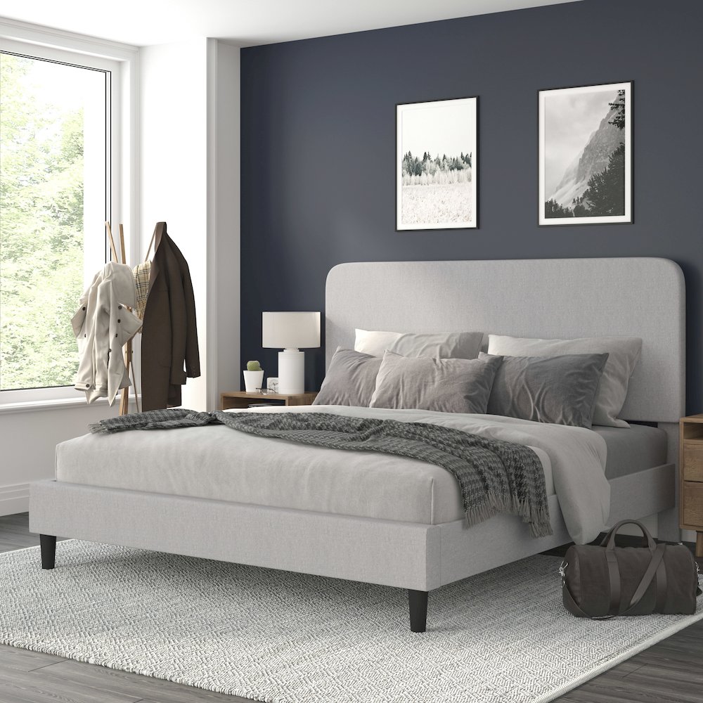 Light Grey King Fabric Upholstered Platform Bed – Headboard with Rounded Edges