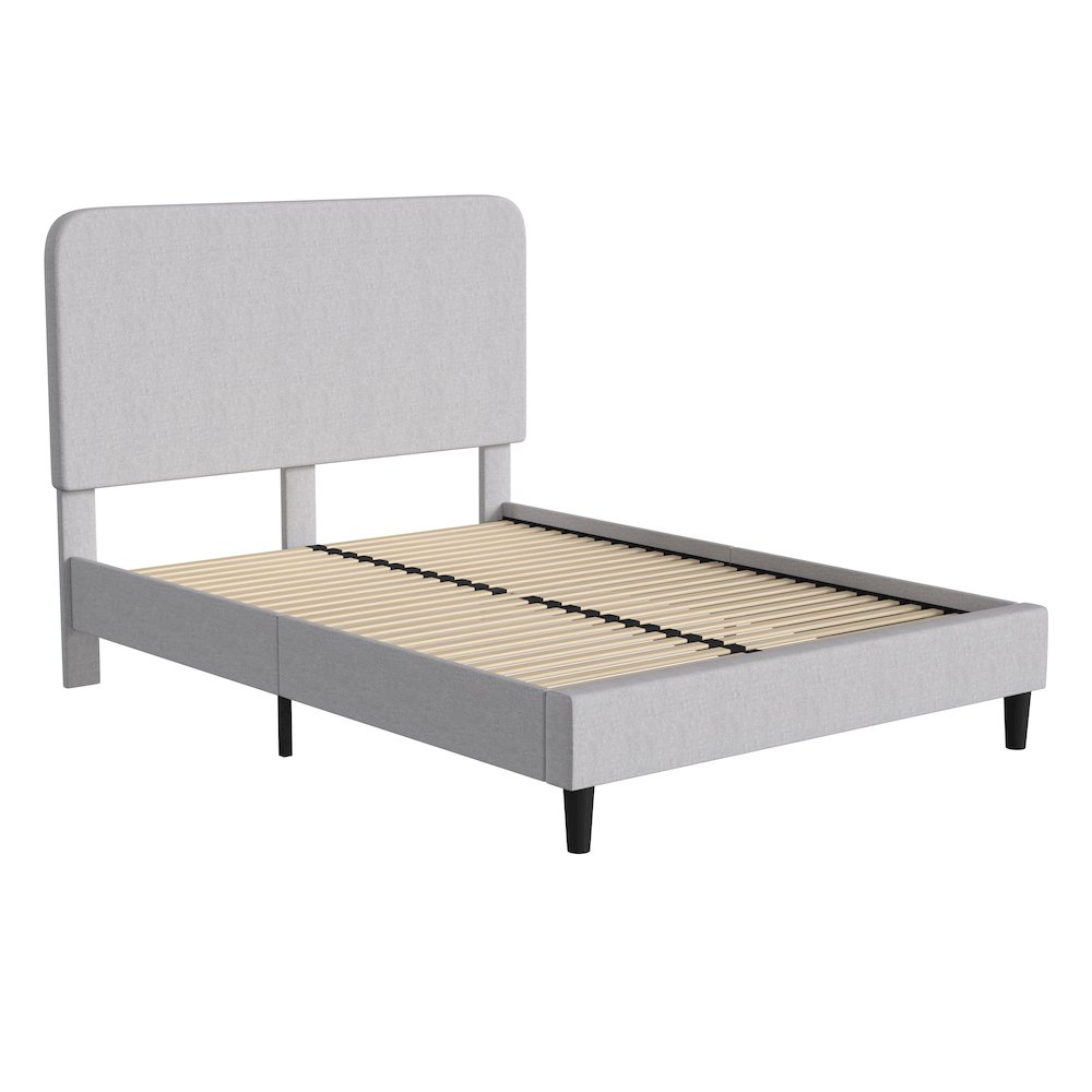 Light Grey Queen Fabric Upholstered Platform Bed – Headboard with Rounded Edges