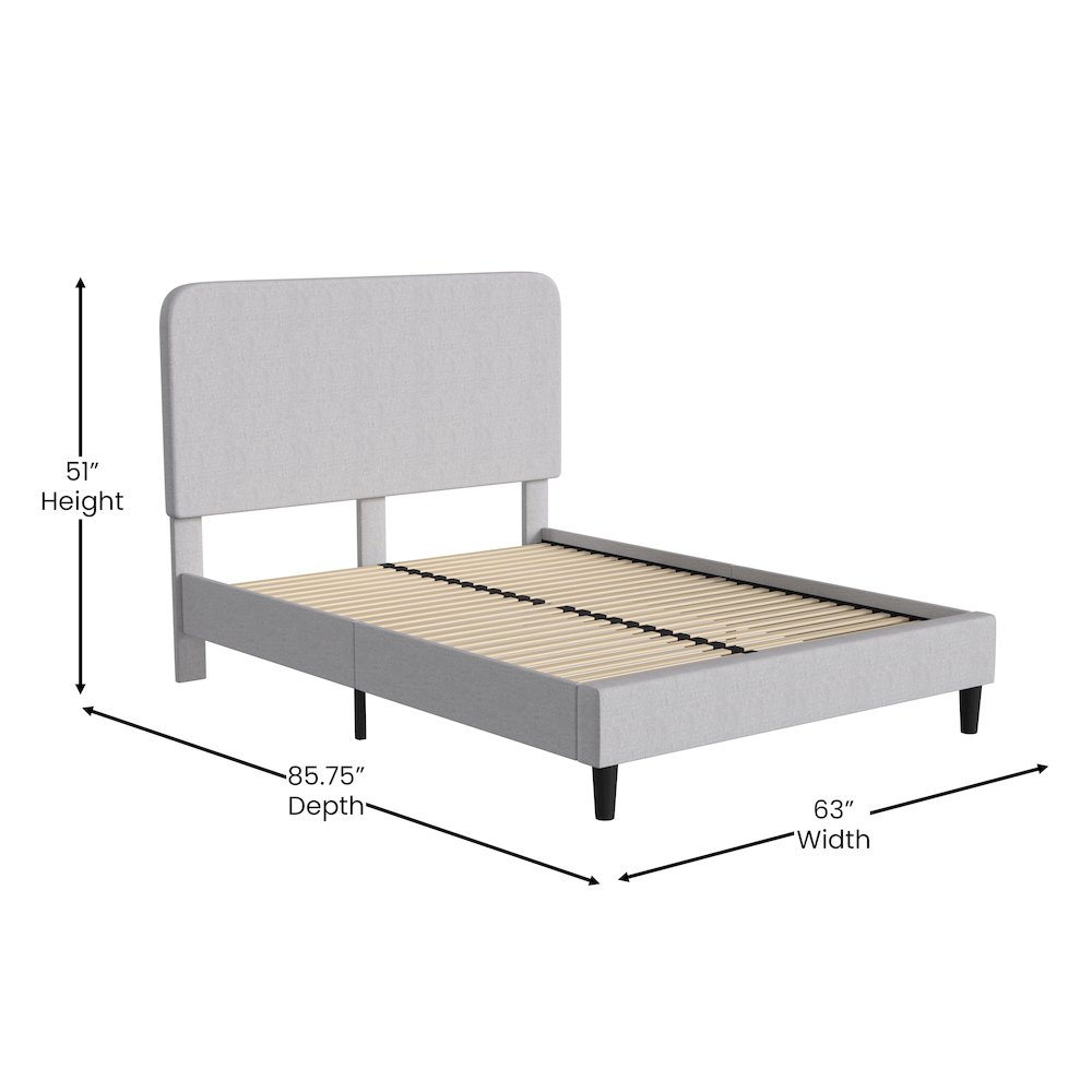 Light Grey Queen Fabric Upholstered Platform Bed – Headboard with Rounded Edges