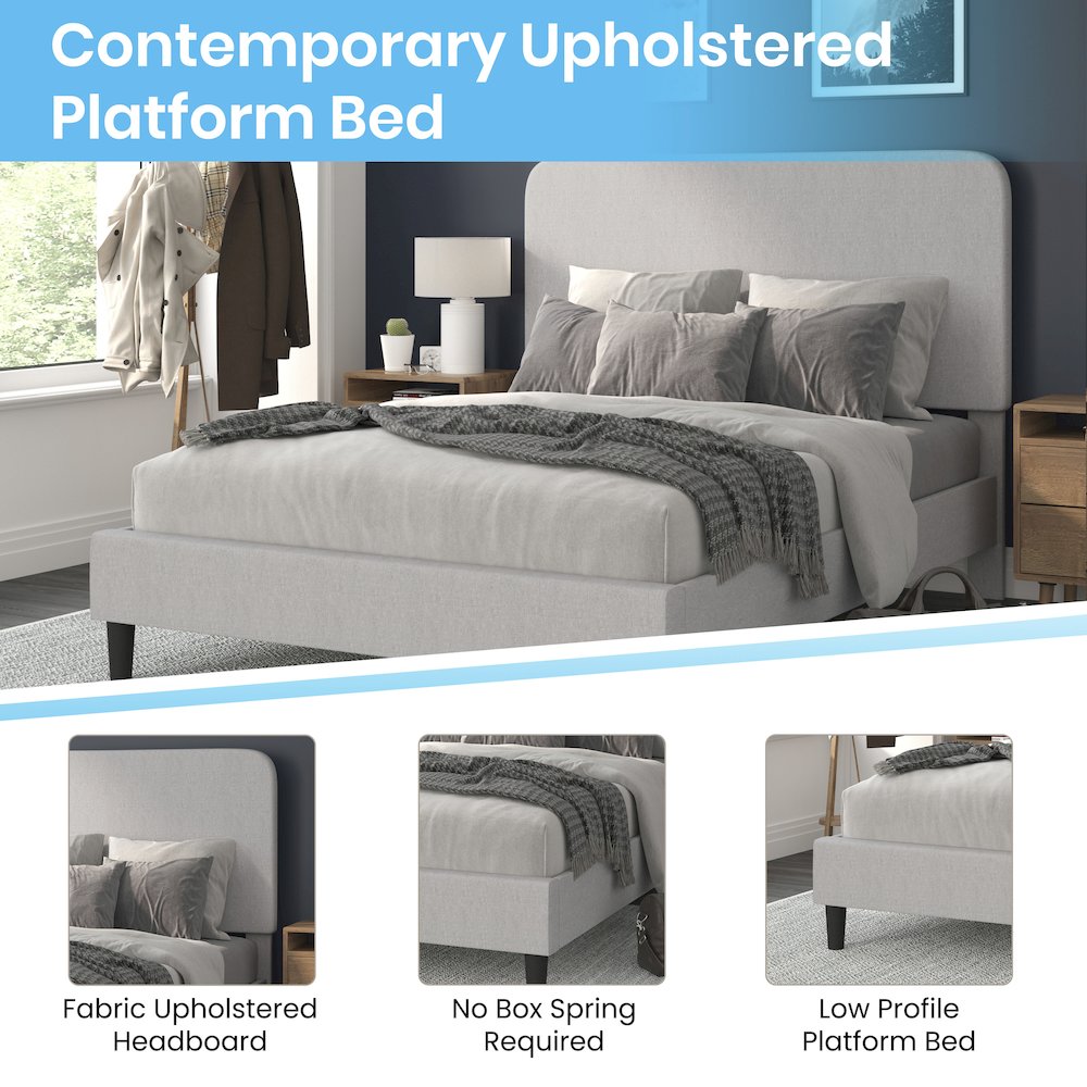Light Grey Queen Fabric Upholstered Platform Bed – Headboard with Rounded Edges