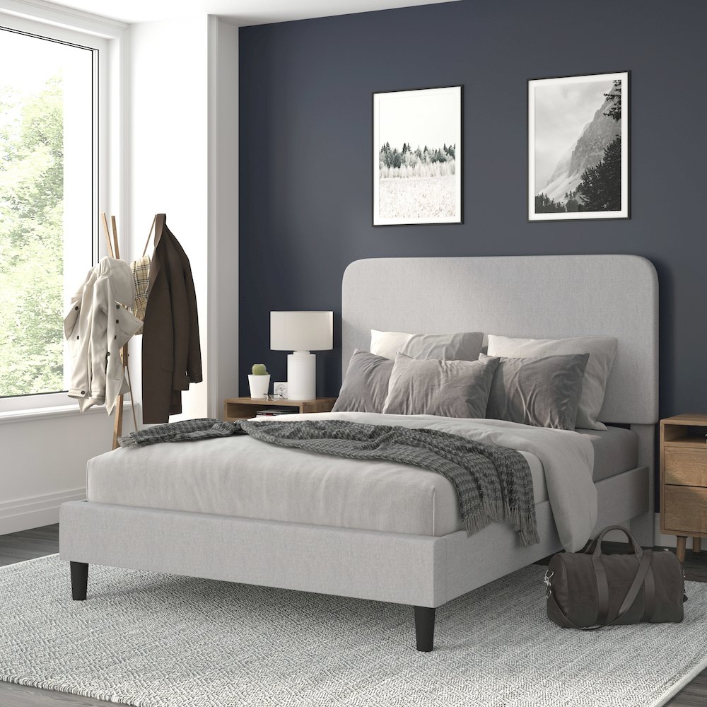 Light Grey Queen Fabric Upholstered Platform Bed – Headboard with Rounded Edges
