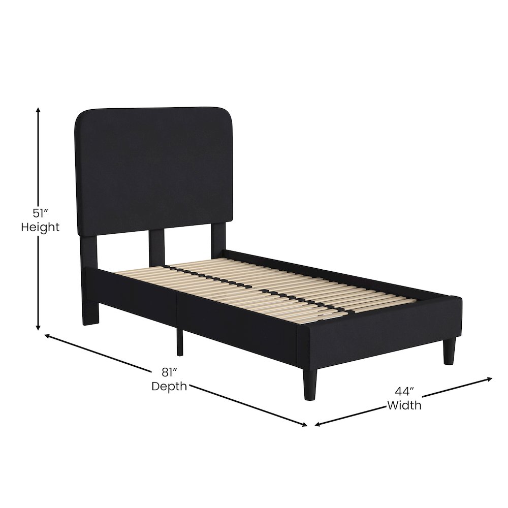 Charcoal Twin Fabric Upholstered Platform Bed – Headboard with Rounded Edges