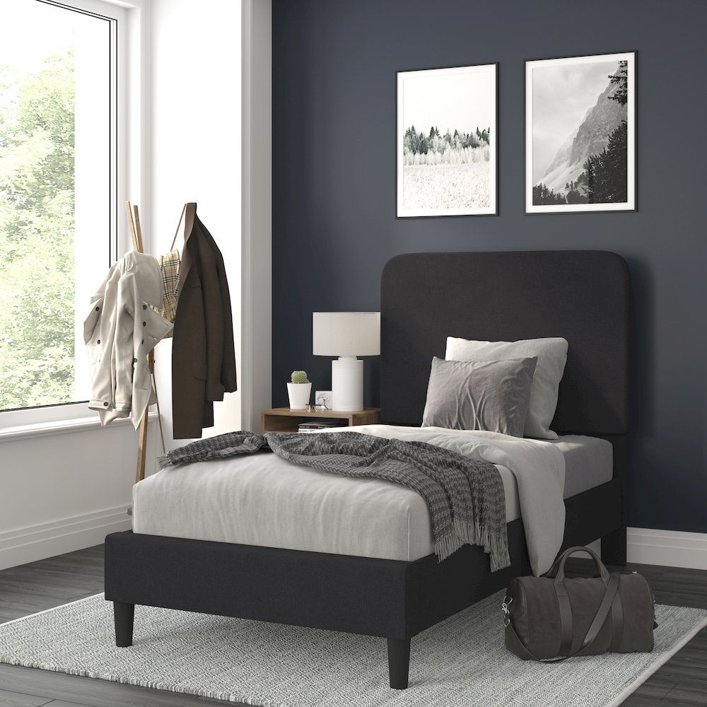Charcoal Twin Fabric Upholstered Platform Bed – Headboard with Rounded Edges