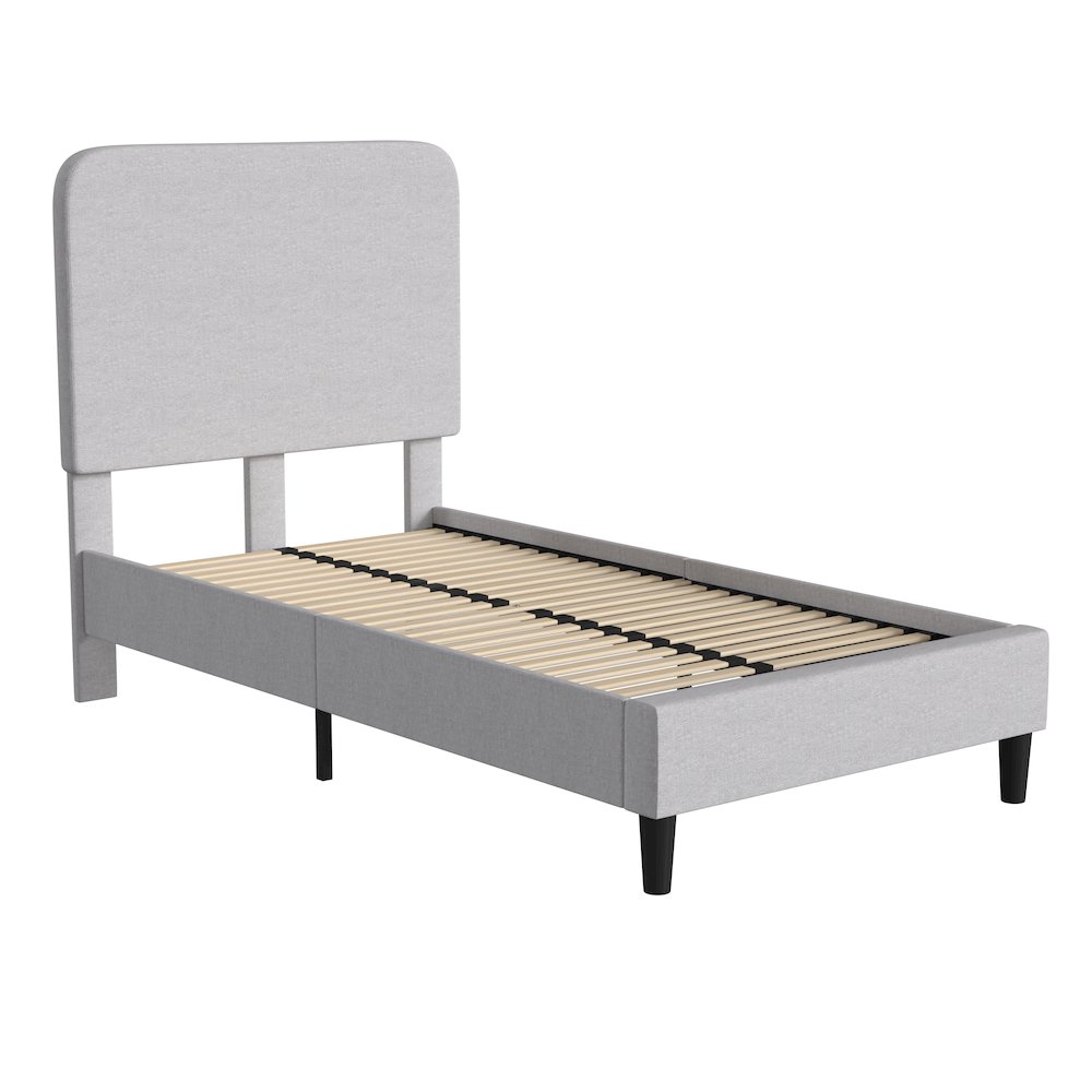 Light Grey Twin Fabric Upholstered Platform Bed – Headboard with Rounded Edges