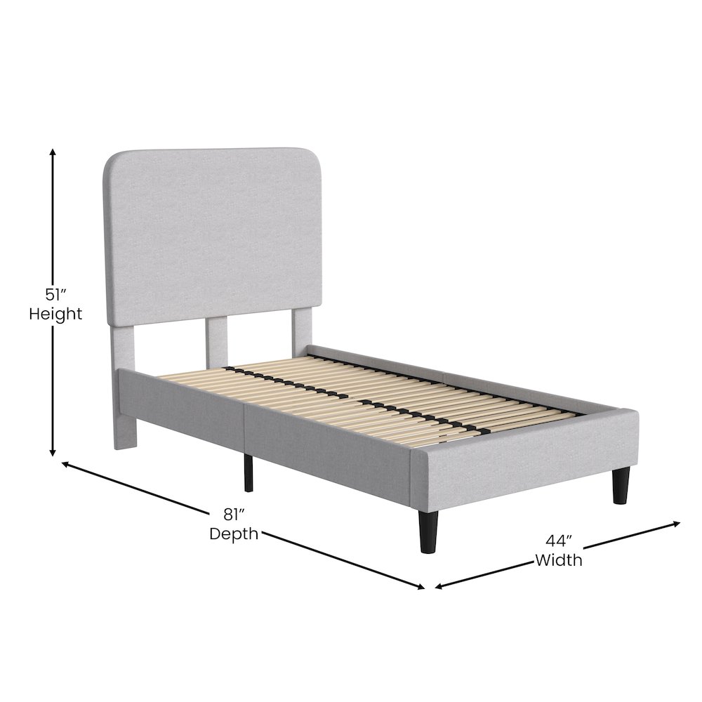 Light Grey Twin Fabric Upholstered Platform Bed – Headboard with Rounded Edges