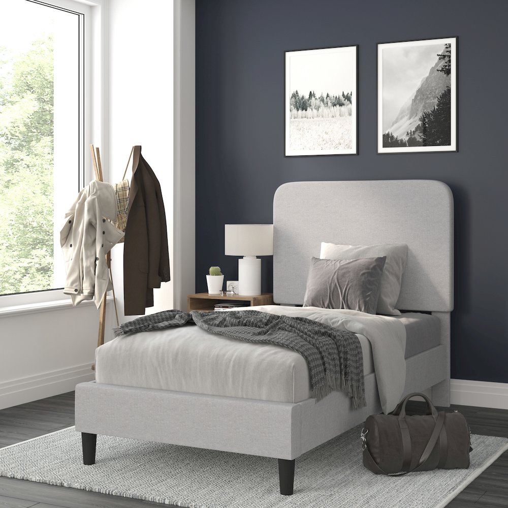 Light Grey Twin Fabric Upholstered Platform Bed – Headboard with Rounded Edges