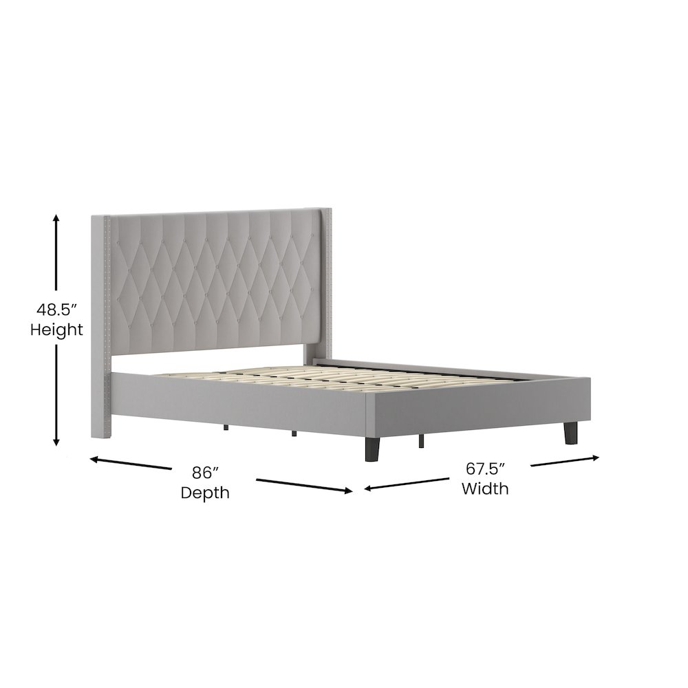 Queen Size Tufted Upholstered Platform Bed in Light Gray Fabric