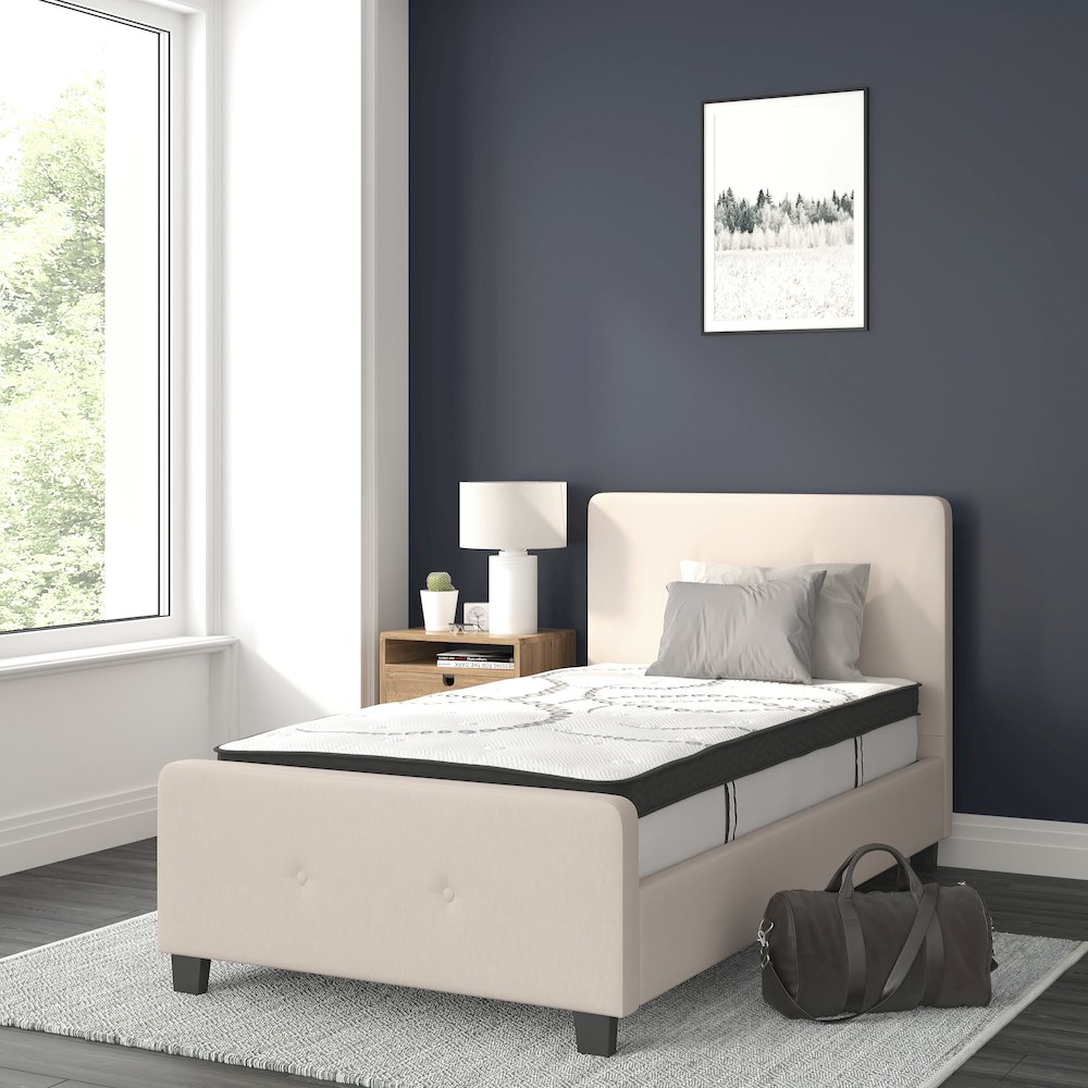 Twin Size Tufted Upholstered Platform Bed in Beige Fabric