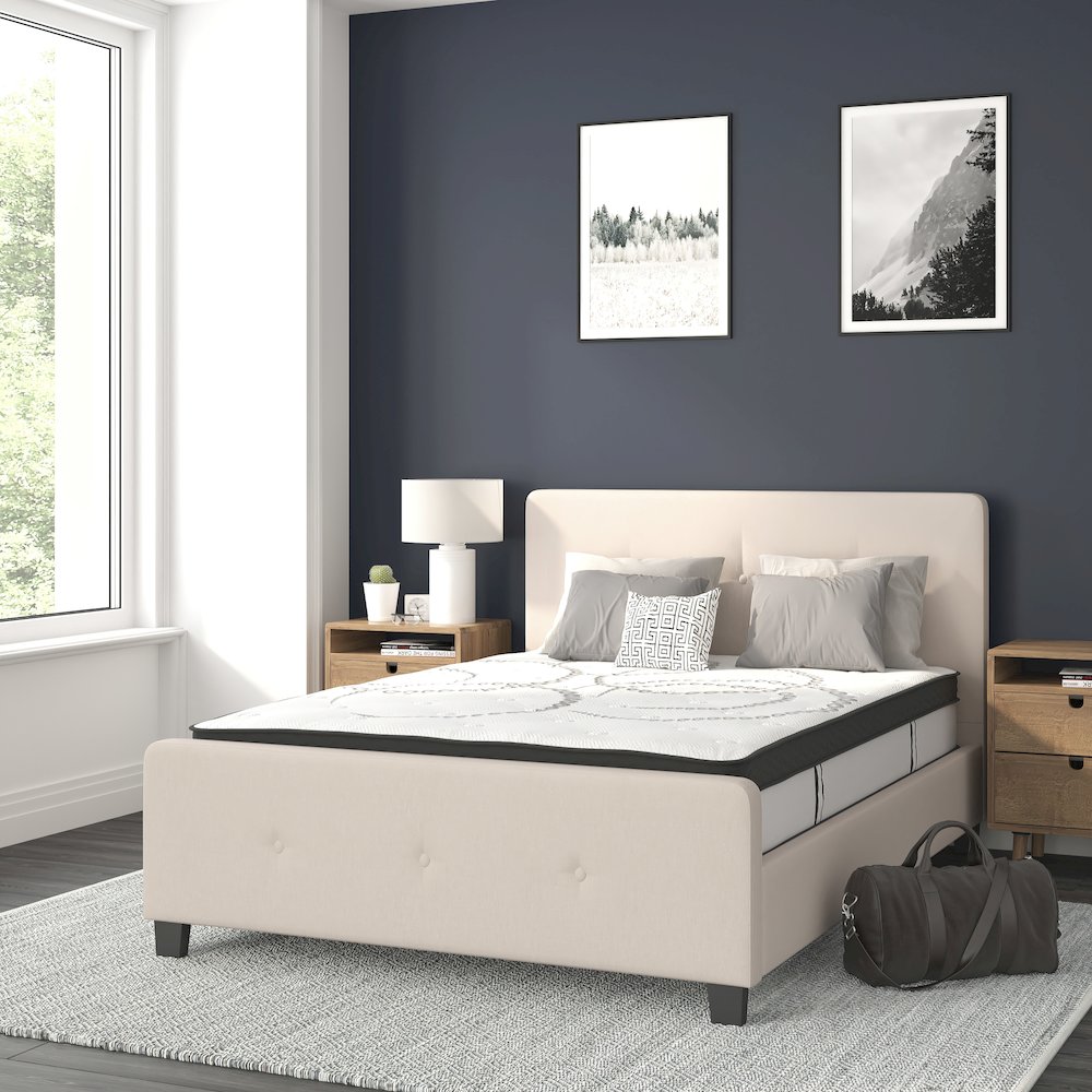Full Size Tufted Upholstered Platform Bed in Beige Fabric