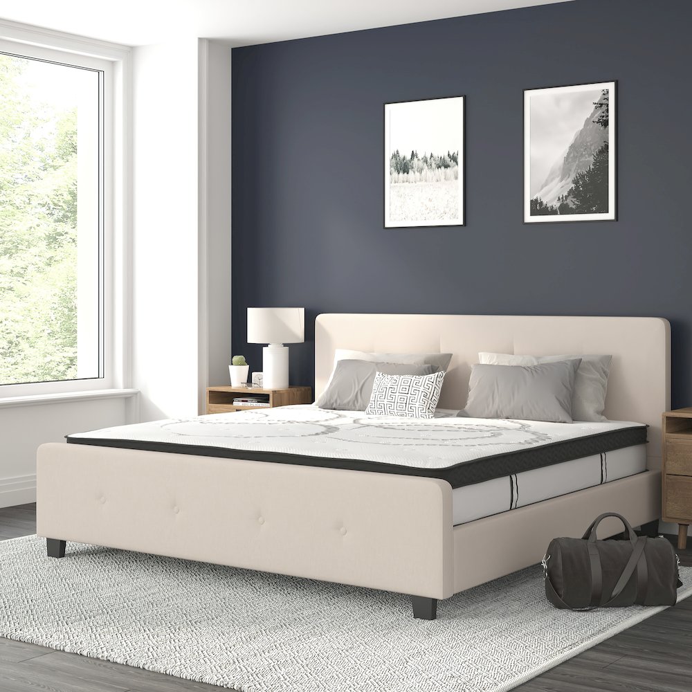 King Size Tufted Upholstered Platform Bed in Beige Fabric