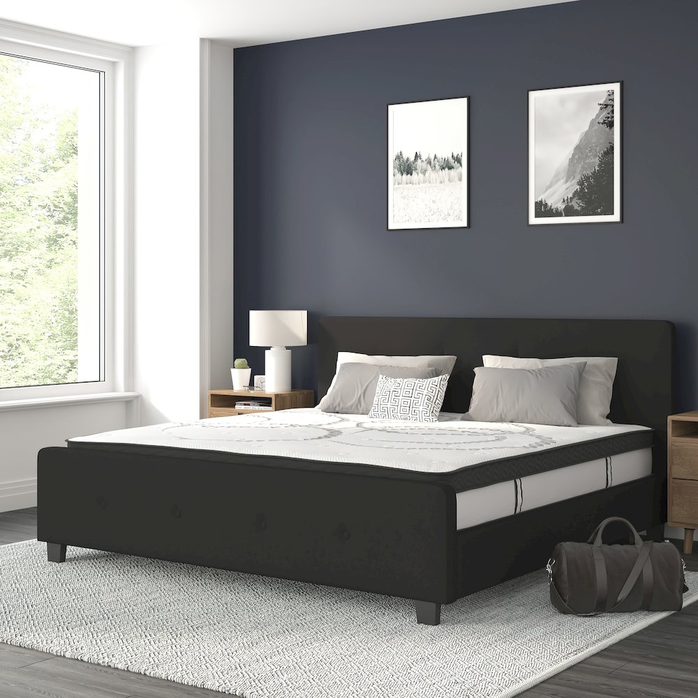 King Size Tufted Upholstered Platform Bed in Black Fabric