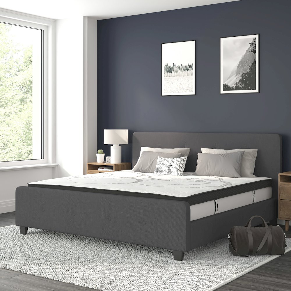 King Size Tufted Upholstered Platform Bed in Dark Gray Fabric