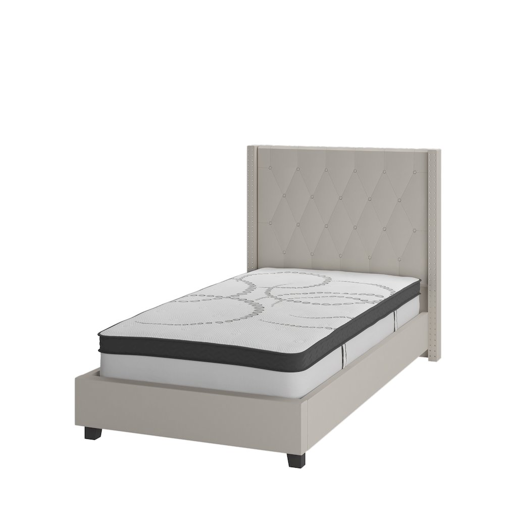 Twin Size Tufted Upholstered Platform Bed in Beige Fabric