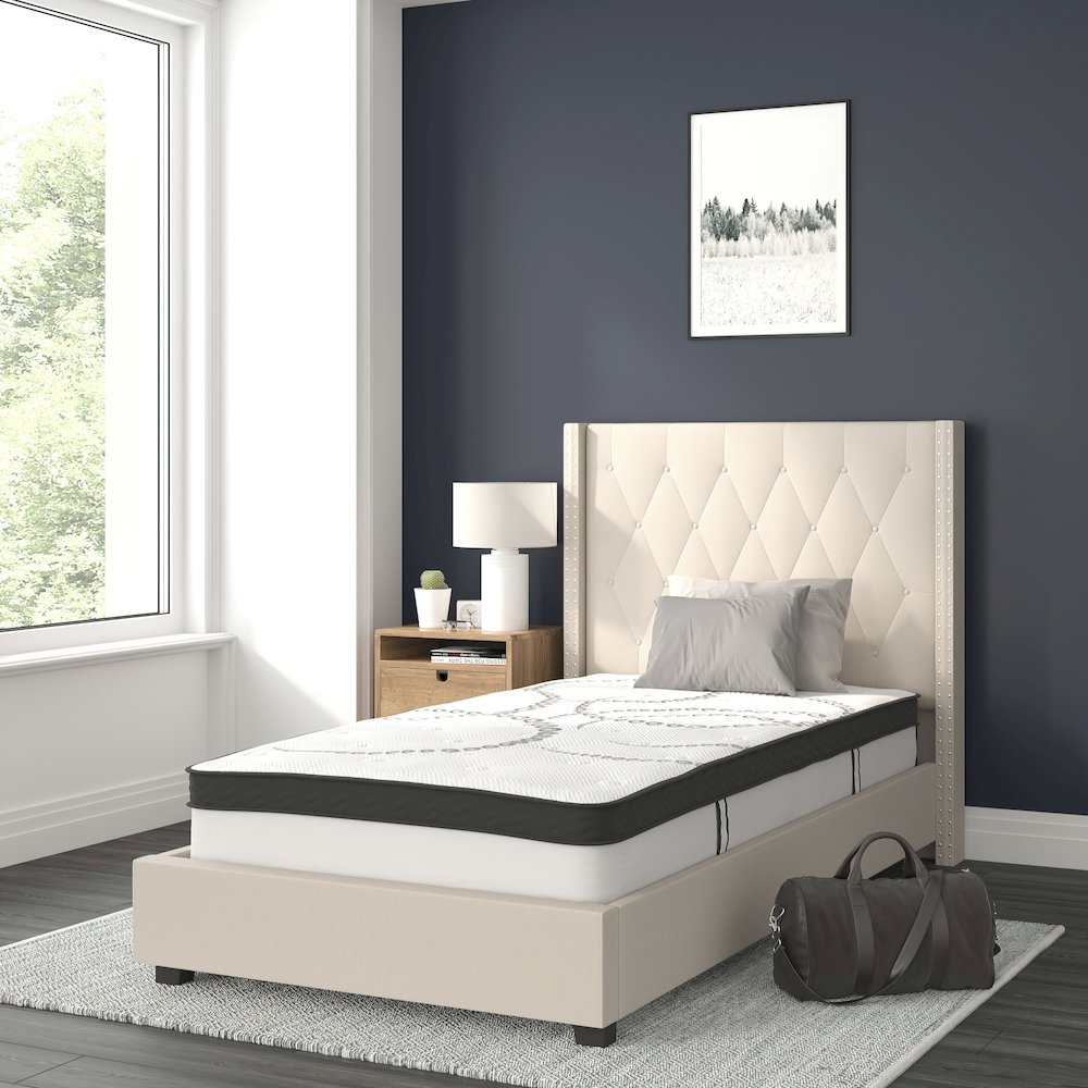 Twin Size Tufted Upholstered Platform Bed in Beige Fabric