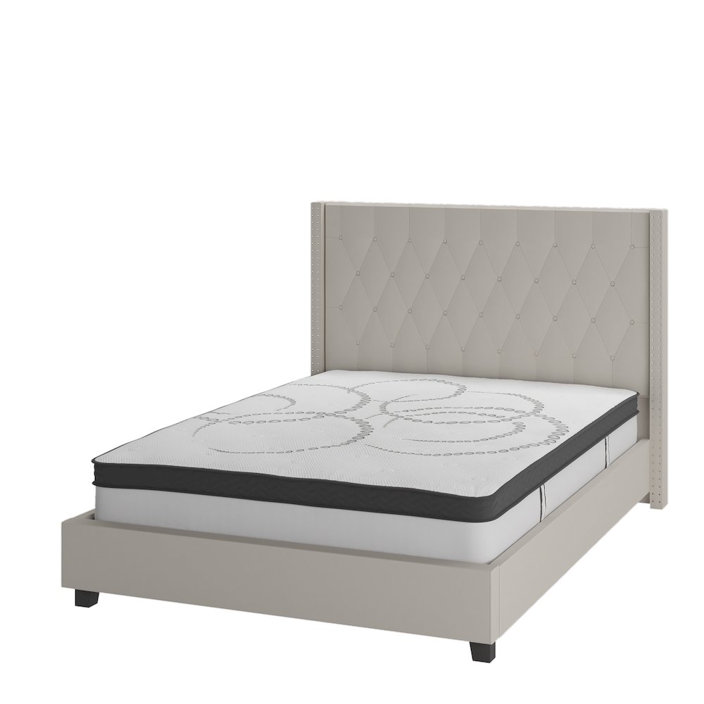 Queen Size Tufted Upholstered Platform Bed in Beige Fabric