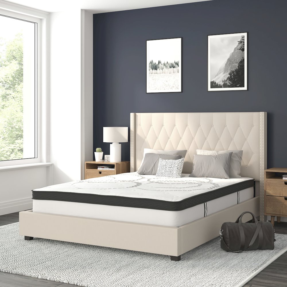 Queen Size Tufted Upholstered Platform Bed in Beige Fabric