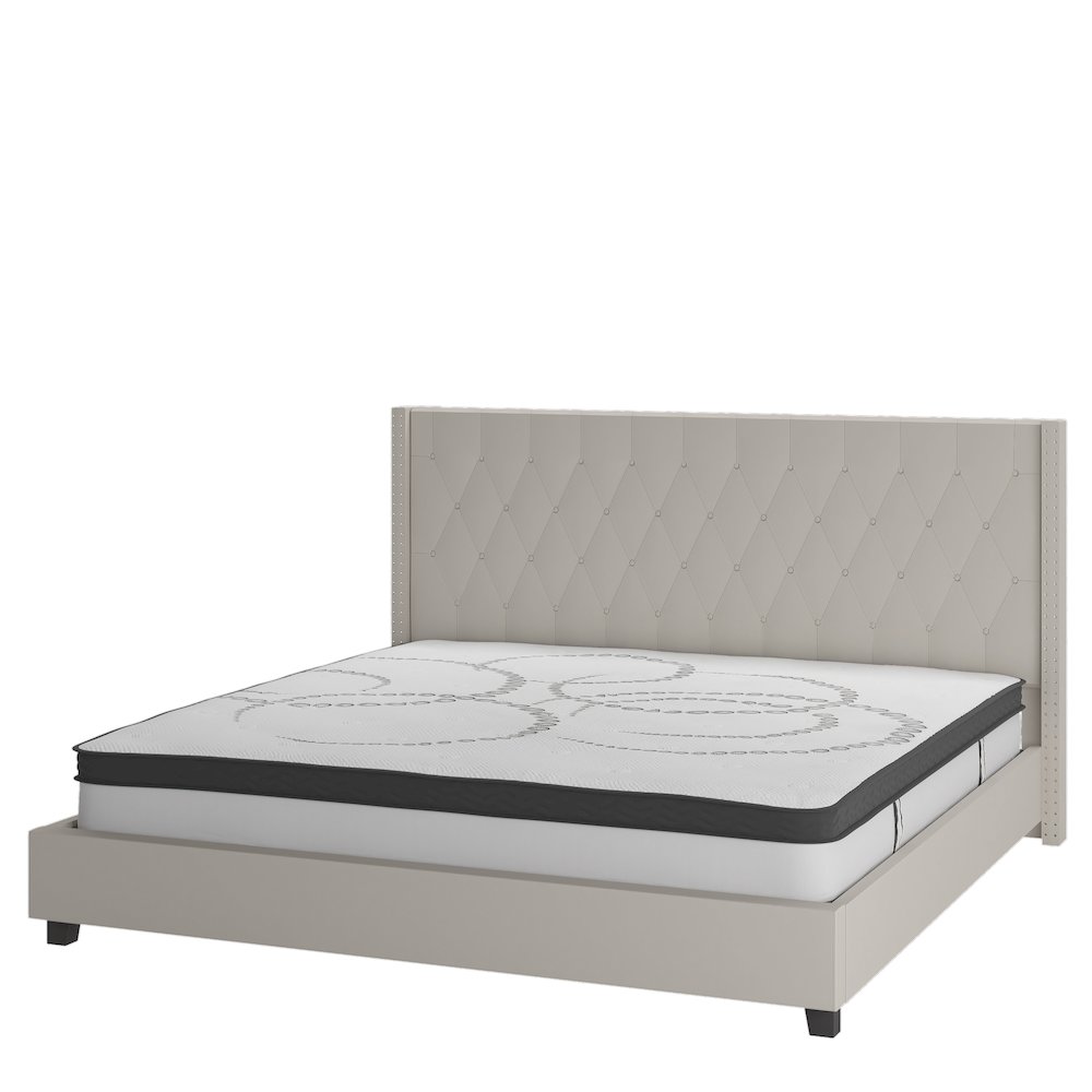 King Size Tufted Upholstered Platform Bed in Beige Fabric