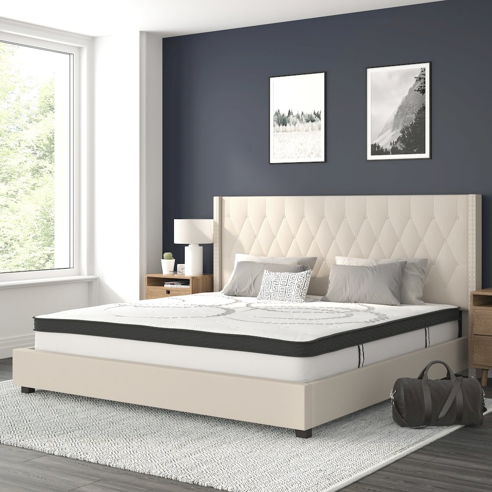 King Size Tufted Upholstered Platform Bed in Beige Fabric