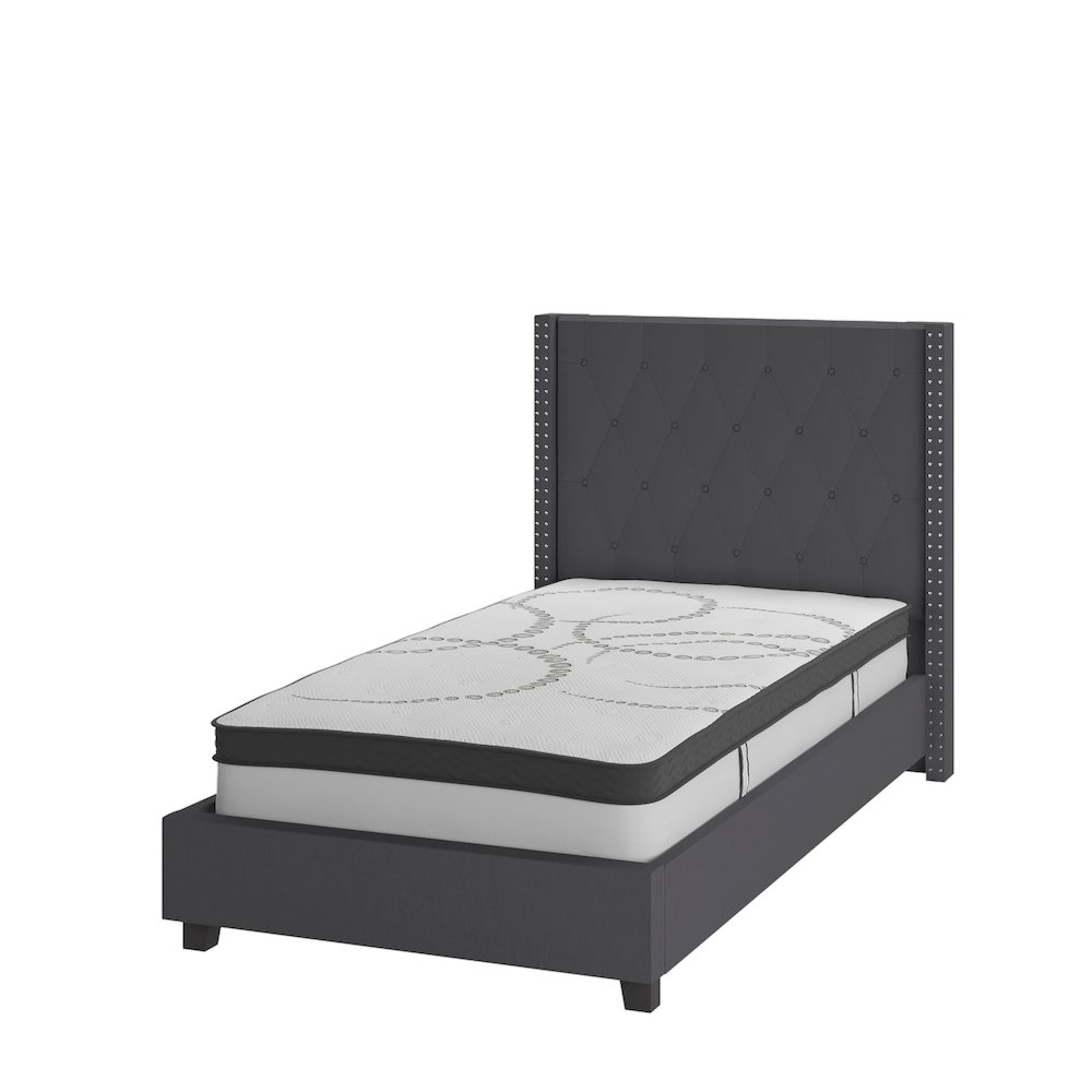 Twin Size Tufted Upholstered Platform Bed in Dark Gray Fabric