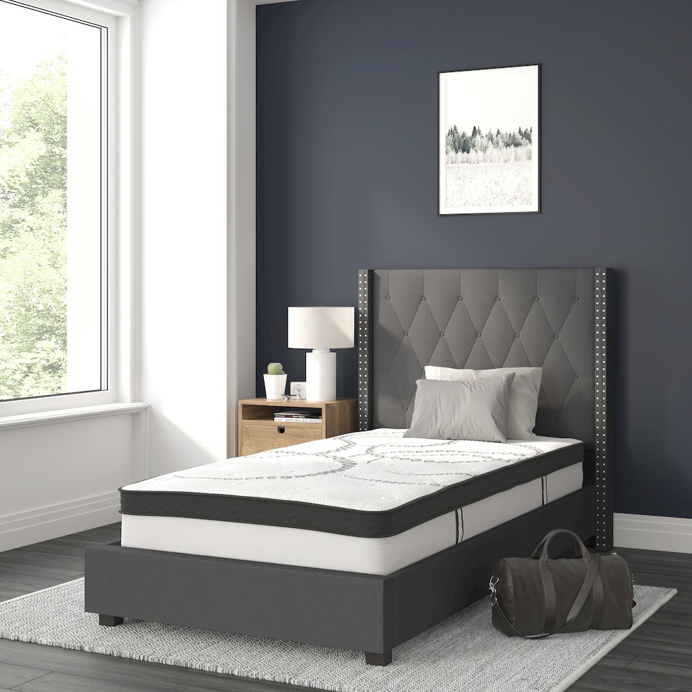 Twin Size Tufted Upholstered Platform Bed in Dark Gray Fabric
